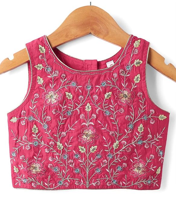 Babyhug Cotton Knit Sleeveless Choli with Lehenga and Dupatta Set with Cambric Print & Foral Embroidery - Dark Pink