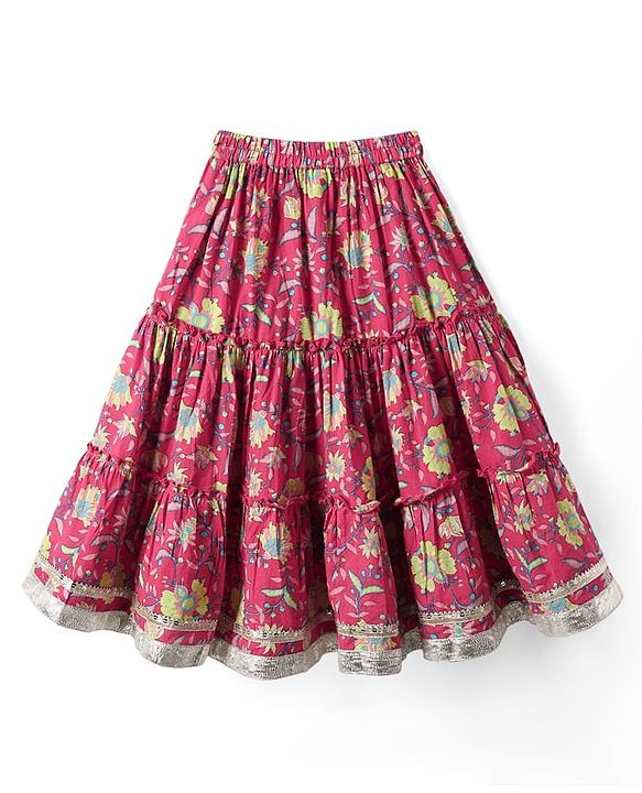 Babyhug Cotton Knit Sleeveless Choli with Lehenga and Dupatta Set with Cambric Print & Foral Embroidery - Dark Pink