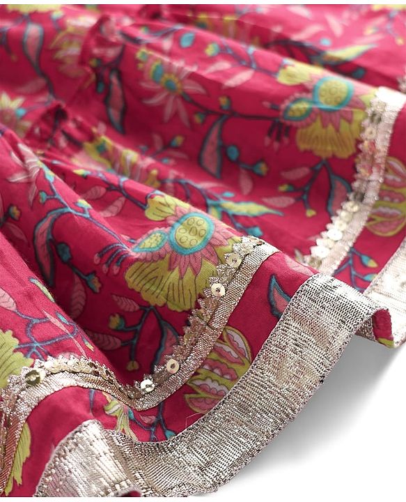 Babyhug Cotton Knit Sleeveless Choli with Lehenga and Dupatta Set with Cambric Print & Foral Embroidery - Dark Pink