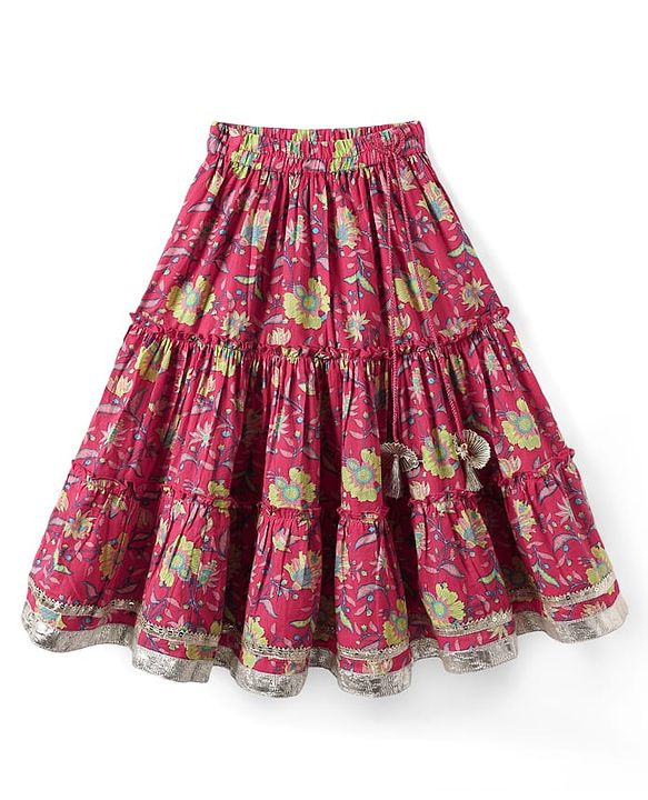 Babyhug Cotton Knit Sleeveless Choli with Lehenga and Dupatta Set with Cambric Print & Foral Embroidery - Dark Pink