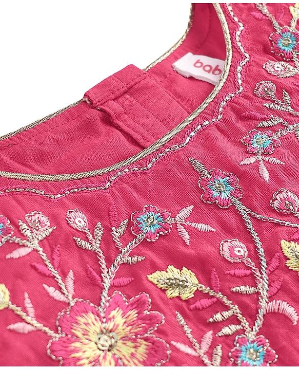 Babyhug Cotton Knit Sleeveless Choli with Lehenga and Dupatta Set with Cambric Print & Foral Embroidery - Dark Pink