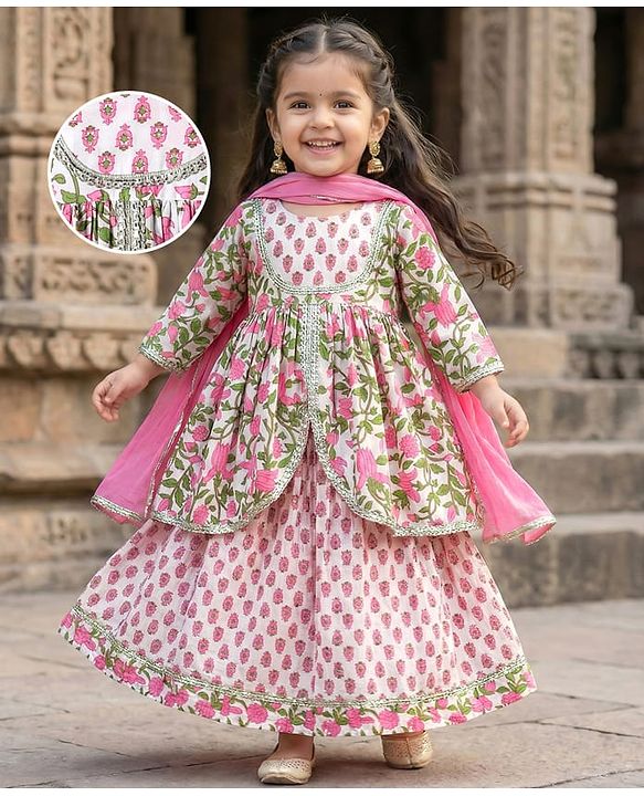 Babyhug Cotton Three Fourth Sleeves Kurti Lehenga Set with Dupatta & Floral Cambric Print - White