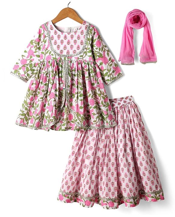 Babyhug Cotton Three Fourth Sleeves Kurti Lehenga Set with Dupatta & Floral Cambric Print - White