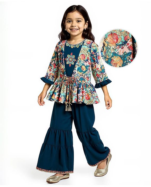Babyhug Woven Floral Embroidered Top & Palazzo Set With Full Sleeves Shrug - Teal Blue