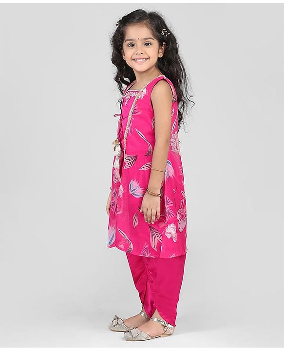 Babyhug Woven Sleeveless Indo Western Set With Floral Print - Pink