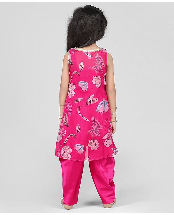 Babyhug Woven Sleeveless Indo Western Set With Floral Print - Pink