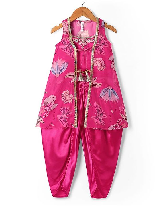 Babyhug Woven Sleeveless Indo Western Set With Floral Print - Pink
