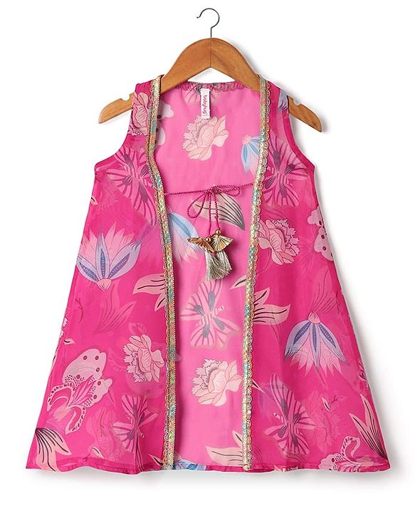 Babyhug Woven Sleeveless Indo Western Set With Floral Print - Pink