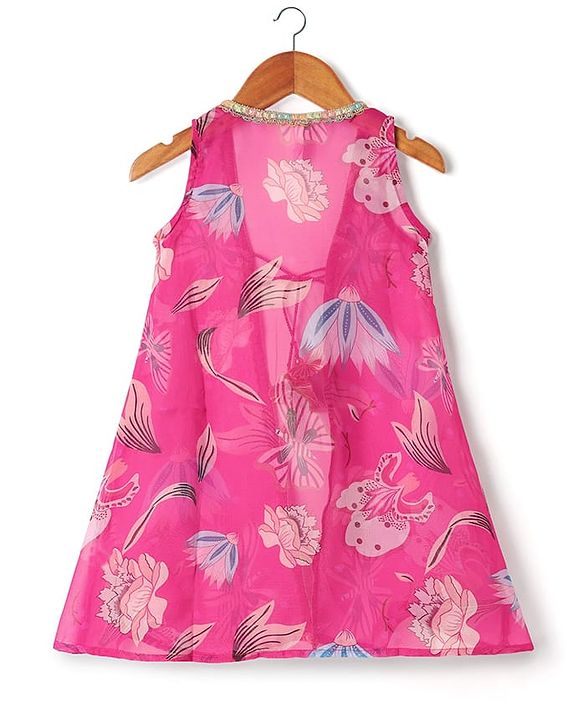 Babyhug Woven Sleeveless Indo Western Set With Floral Print - Pink