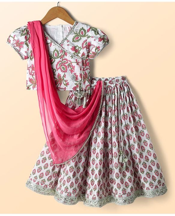 Babyhug 100% Cotton Half Sleeves Floral Cambric Printed Flared Lehenga & Choli Set With Dupatta - Pink & White