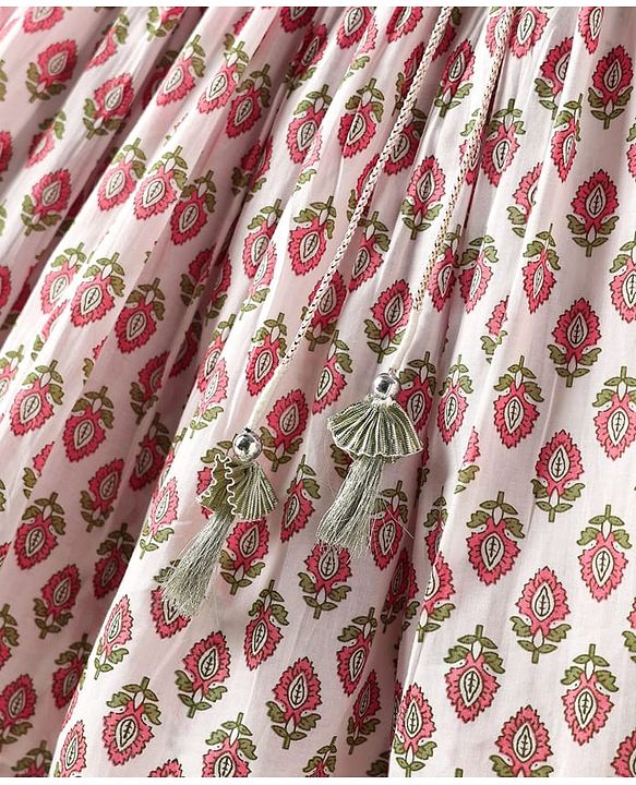 Babyhug 100% Cotton Half Sleeves Floral Cambric Printed Flared Lehenga & Choli Set With Dupatta - Pink & White