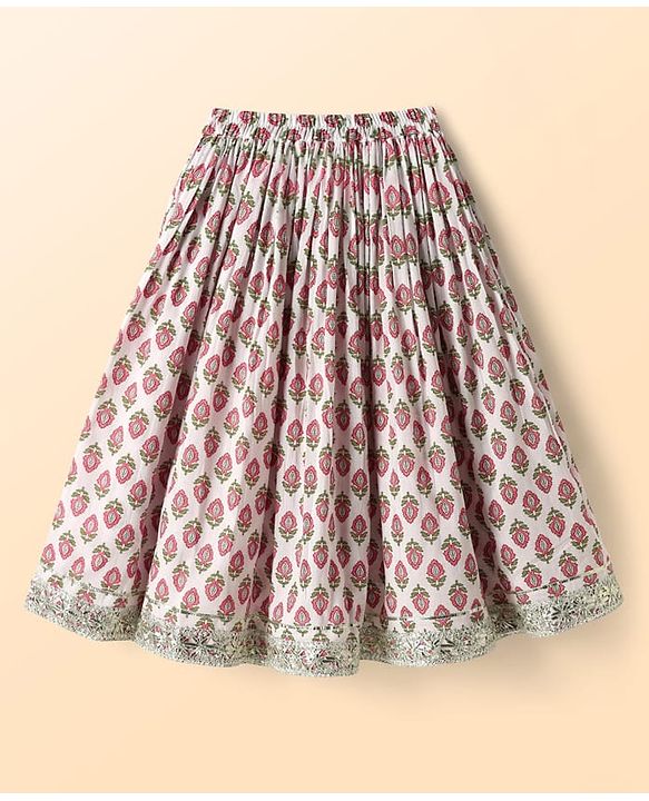Babyhug 100% Cotton Half Sleeves Floral Cambric Printed Flared Lehenga & Choli Set With Dupatta - Pink & White