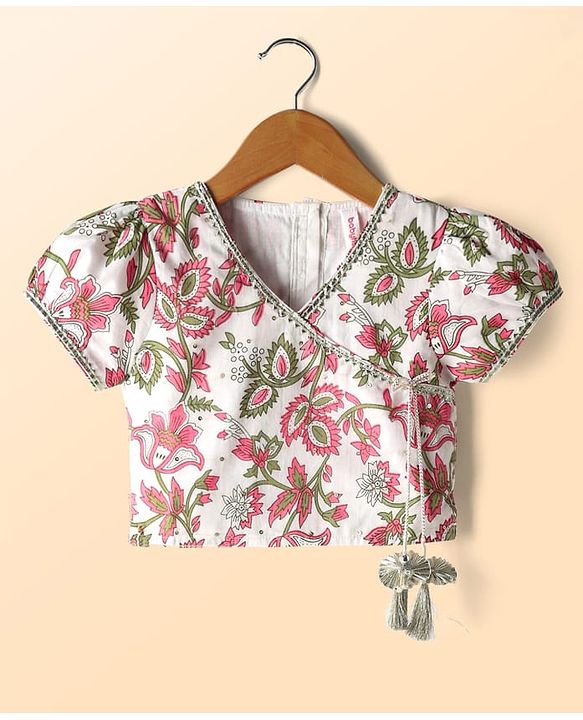 Babyhug 100% Cotton Half Sleeves Floral Cambric Printed Flared Lehenga & Choli Set With Dupatta - Pink & White