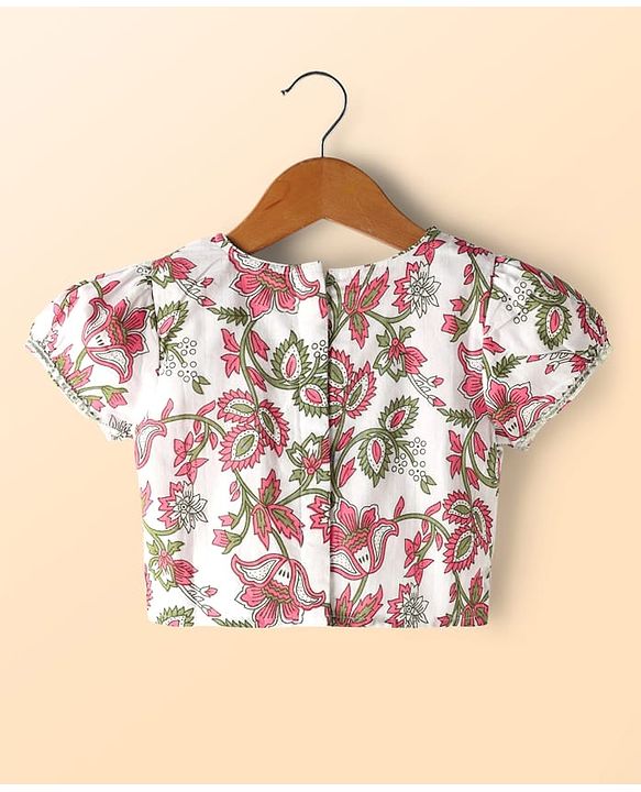 Babyhug 100% Cotton Half Sleeves Floral Cambric Printed Flared Lehenga & Choli Set With Dupatta - Pink & White