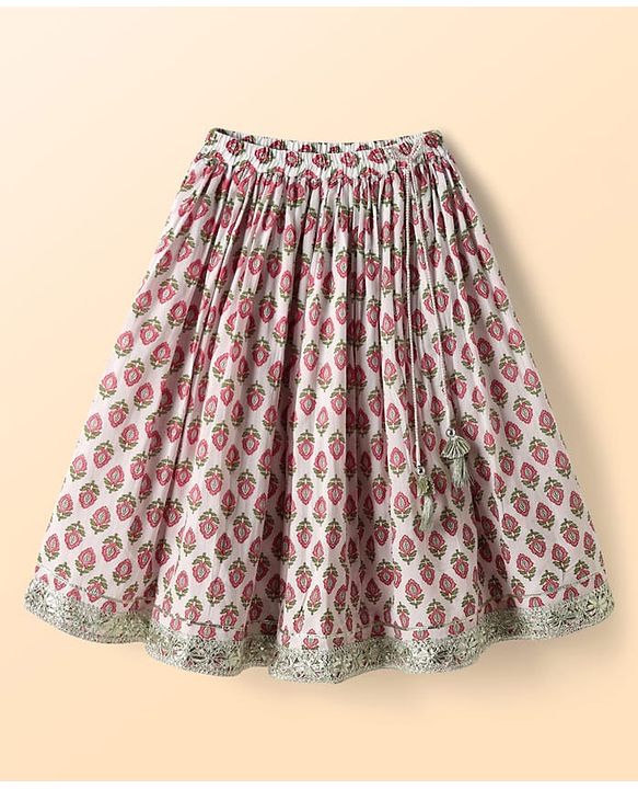 Babyhug 100% Cotton Half Sleeves Floral Cambric Printed Flared Lehenga & Choli Set With Dupatta - Pink & White