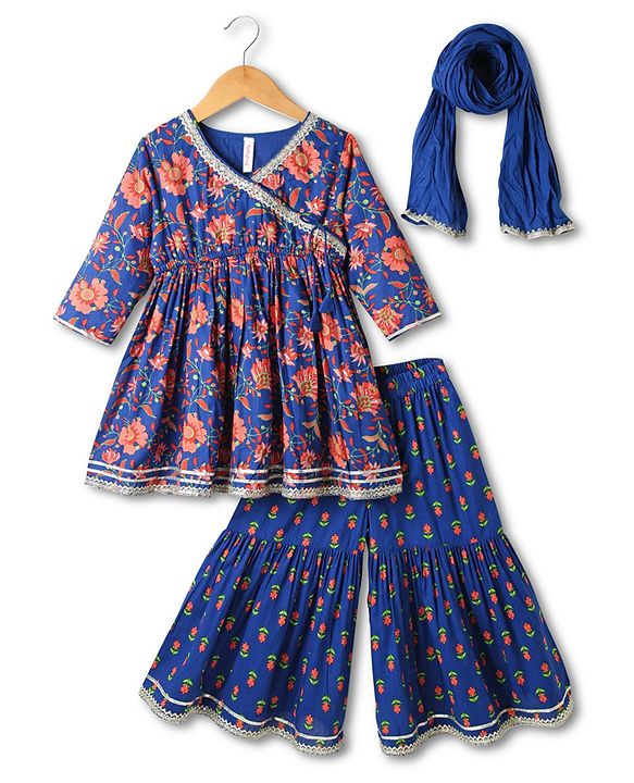 Babyhug Cotton Woven Three Fourth Sleeves Kurti Gharara & Dupatta Set With Cambric Print - Navy Blue