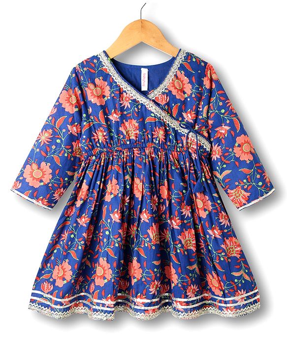 Babyhug Cotton Woven Three Fourth Sleeves Kurti Gharara & Dupatta Set With Cambric Print - Navy Blue