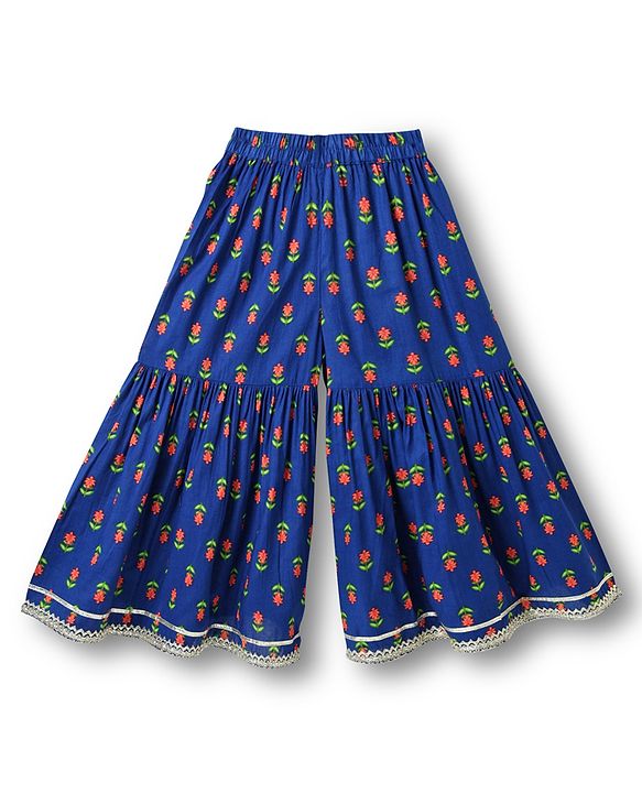 Babyhug Cotton Woven Three Fourth Sleeves Kurti Gharara & Dupatta Set With Cambric Print - Navy Blue