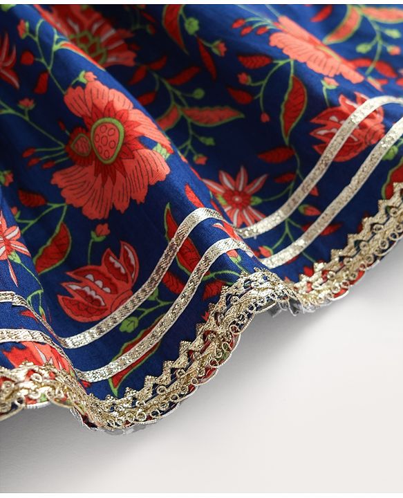 Babyhug Cotton Woven Three Fourth Sleeves Kurti Gharara & Dupatta Set With Cambric Print - Navy Blue