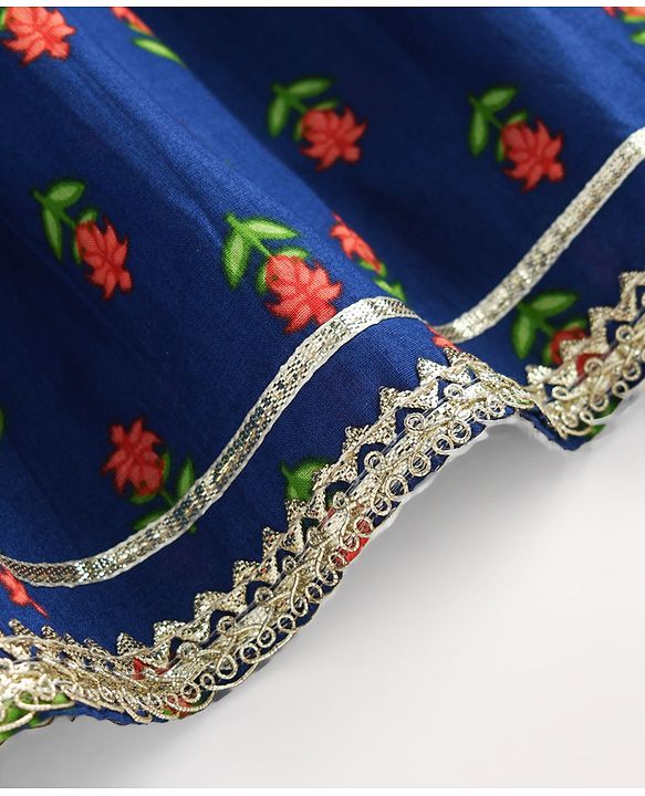 Babyhug Cotton Woven Three Fourth Sleeves Kurti Gharara & Dupatta Set With Cambric Print - Navy Blue