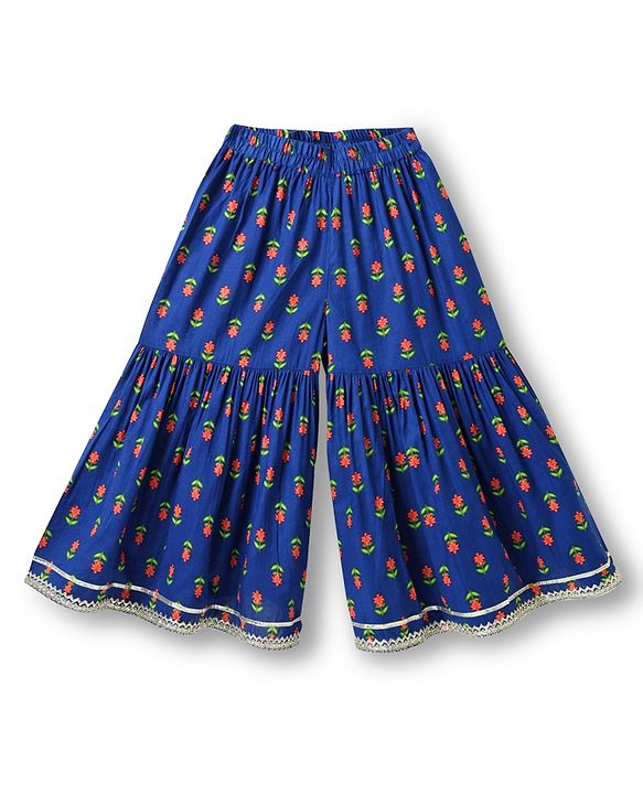 Babyhug Cotton Woven Three Fourth Sleeves Kurti Gharara & Dupatta Set With Cambric Print - Navy Blue