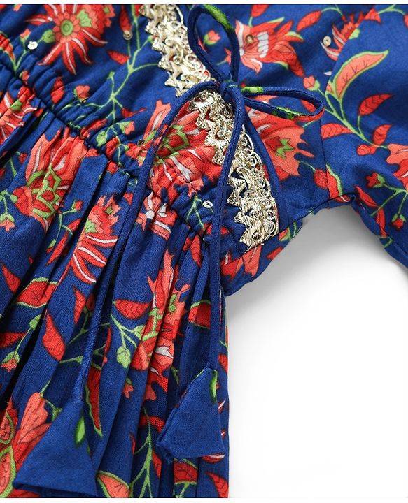 Babyhug Cotton Woven Three Fourth Sleeves Kurti Gharara & Dupatta Set With Cambric Print - Navy Blue