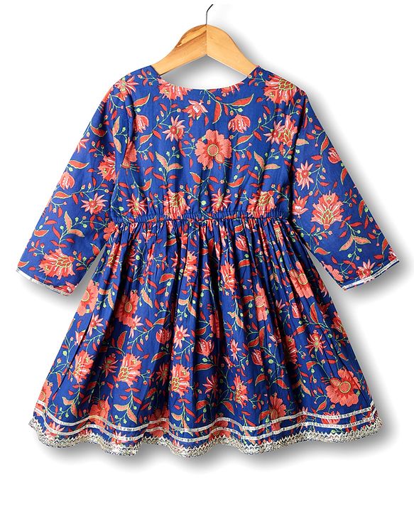 Babyhug Cotton Woven Three Fourth Sleeves Kurti Gharara & Dupatta Set With Cambric Print - Navy Blue