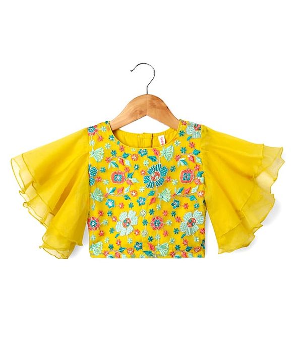 Babyhug Woven Flutter Sleeves Indo Western Set With Floral Print & Dupatta - Yellow