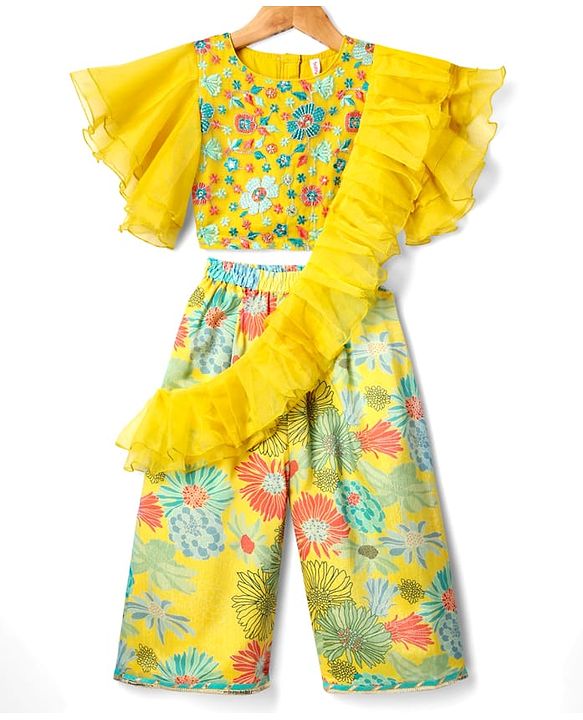 Babyhug Woven Flutter Sleeves Indo Western Set With Floral Print & Dupatta - Yellow