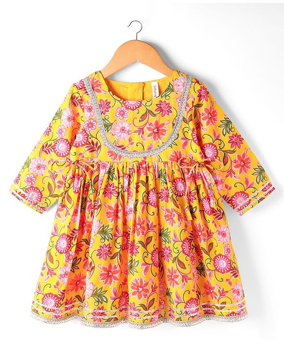 Babyhug Woven Three Forth Sleeves Floral Cambric Printed Kurti & Gharara Set With Dupatta - Yellow