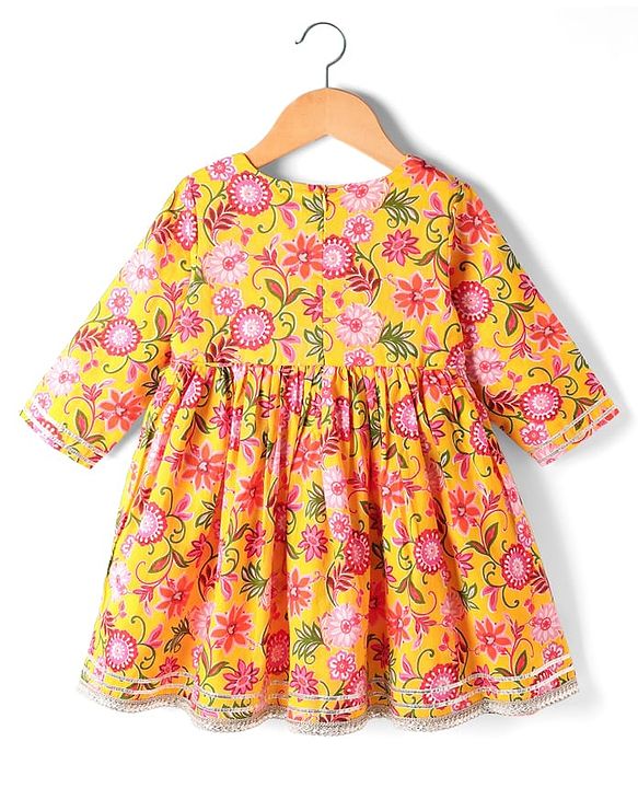Babyhug Woven Three Forth Sleeves Floral Cambric Printed Kurti & Gharara Set With Dupatta - Yellow