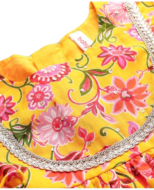 Babyhug Woven Three Forth Sleeves Floral Cambric Printed Kurti & Gharara Set With Dupatta - Yellow