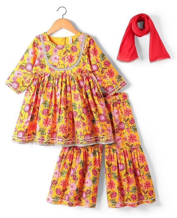 Babyhug Woven Three Forth Sleeves Floral Cambric Printed Kurti & Gharara Set With Dupatta - Yellow