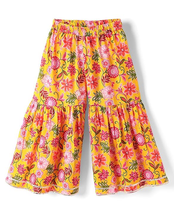 Babyhug Woven Three Forth Sleeves Floral Cambric Printed Kurti & Gharara Set With Dupatta - Yellow
