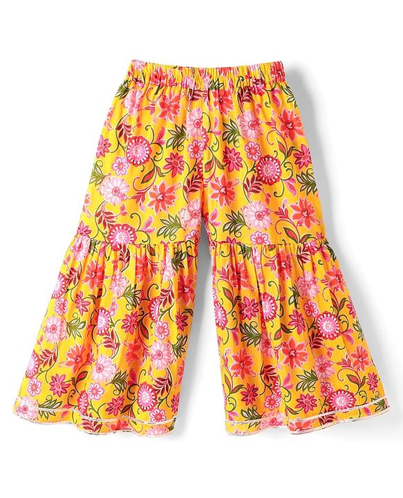 Babyhug Woven Three Forth Sleeves Floral Cambric Printed Kurti & Gharara Set With Dupatta - Yellow