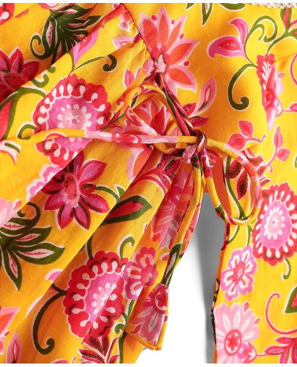 Babyhug Woven Three Forth Sleeves Floral Cambric Printed Kurti & Gharara Set With Dupatta - Yellow