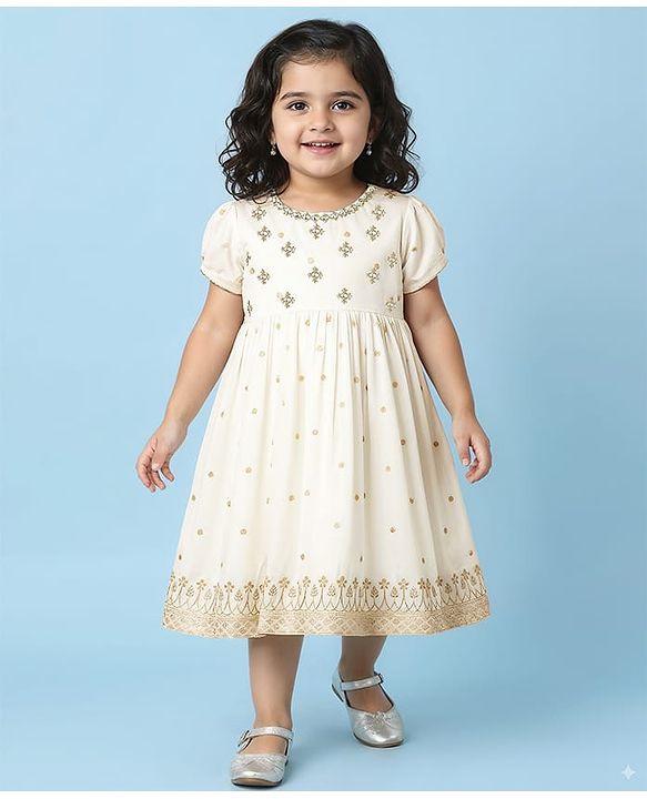 Babyhug Woven Half Sleeves Ethnic Dress With Floral Embriodery - White