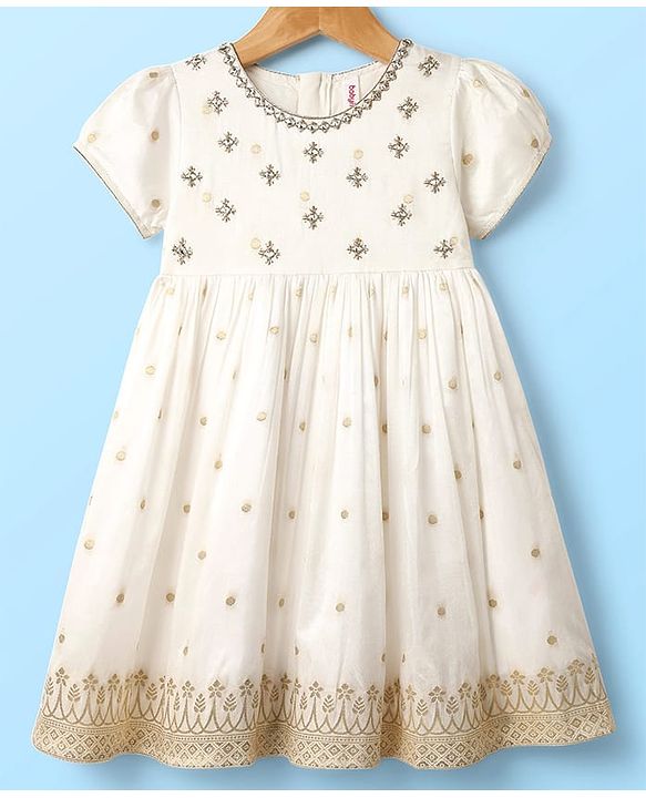 Babyhug Woven Half Sleeves Ethnic Dress With Floral Embriodery - White