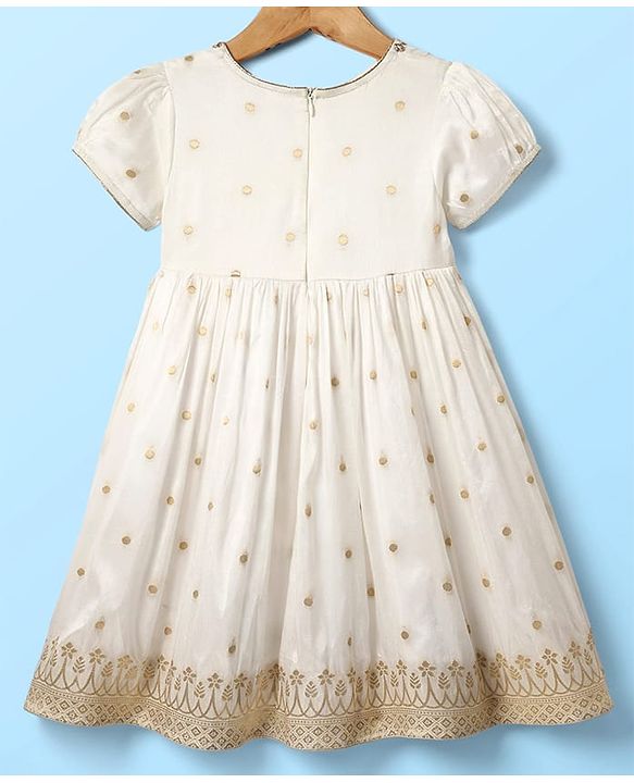 Babyhug Woven Half Sleeves Ethnic Dress With Floral Embriodery - White