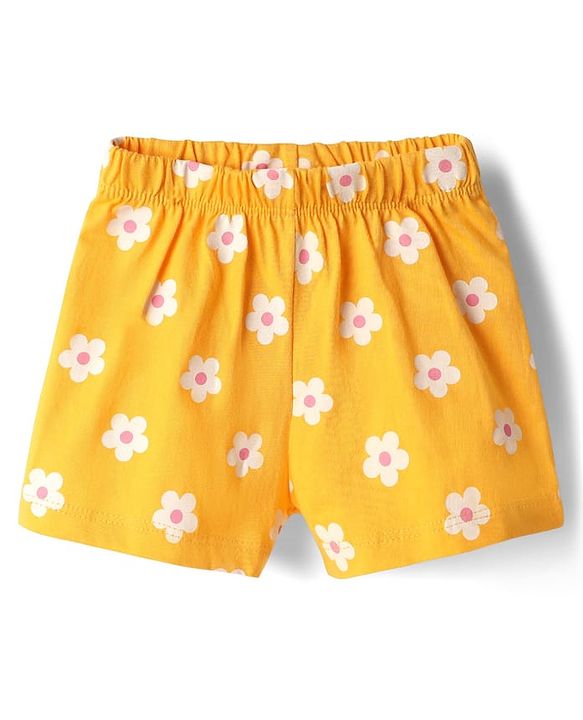 Babyhug Cotton Knit Half Sleeves Shorts Night Suit With Floral Print - Yellow