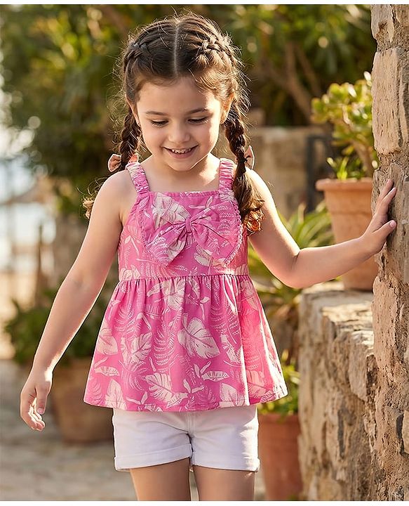 Babyhug Woven Sleeveless Top and Shorts with Tropical Print - Pink