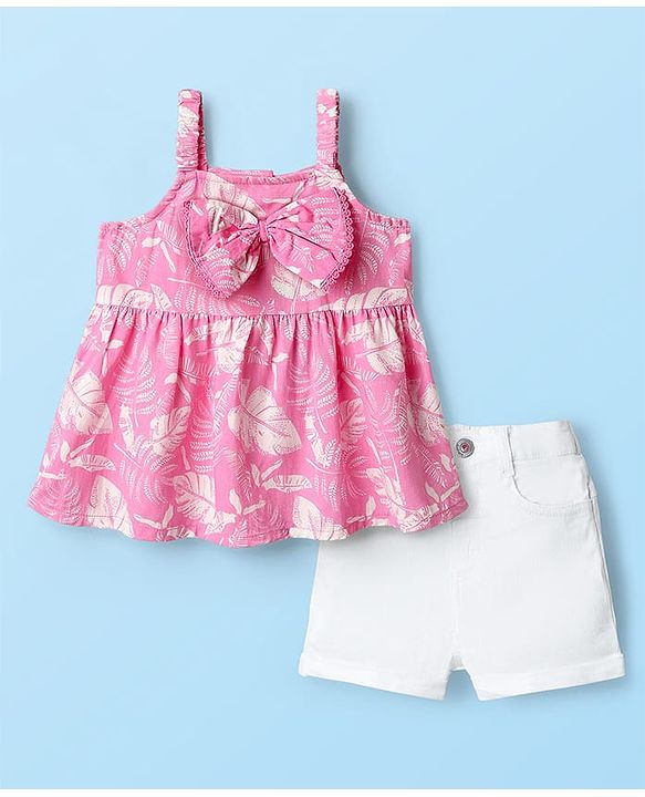 Babyhug Woven Sleeveless Top and Shorts with Tropical Print - Pink