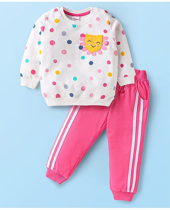 Babyhug Terry Knit Premium Light Gauge Terry Full Sleeves Top & Lounge Pant Set With Polka Dot Print & Lace Detailing - White & Pink