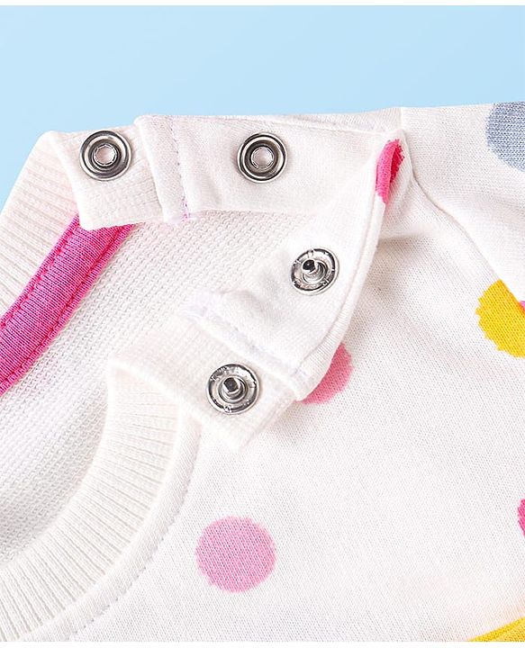 Babyhug Terry Knit Premium Light Gauge Terry Full Sleeves Top & Lounge Pant Set With Polka Dot Print & Lace Detailing - White & Pink