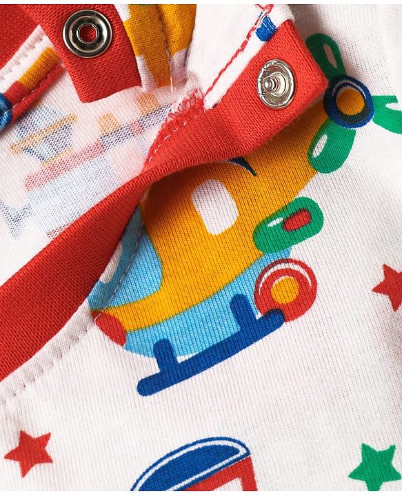 Babyhug Cotton Knit Half Sleeves Co-ords Shorts Night Suit With Vehicle Print - White