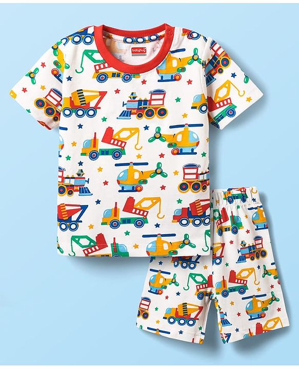 Babyhug Cotton Knit Half Sleeves Co-ords Shorts Night Suit With Vehicle Print - White