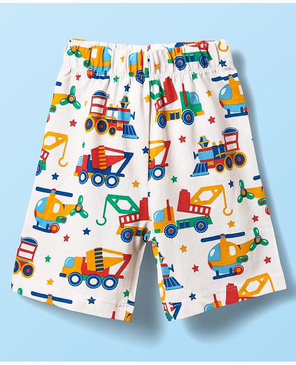 Babyhug Cotton Knit Half Sleeves Co-ords Shorts Night Suit With Vehicle Print - White