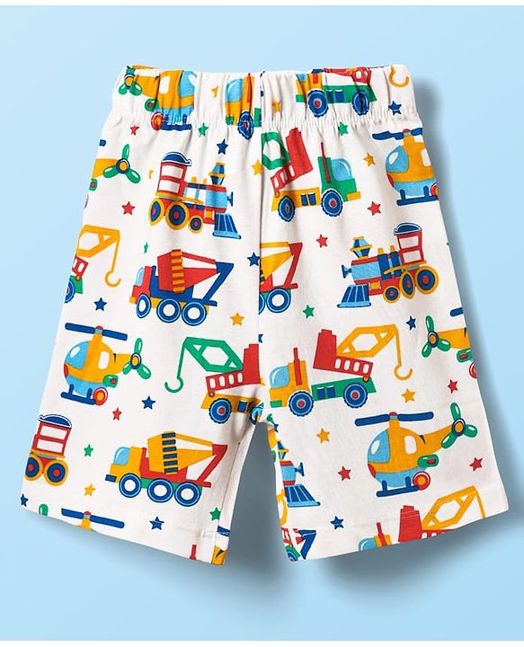 Babyhug Cotton Knit Half Sleeves Co-ords Shorts Night Suit With Vehicle Print - White