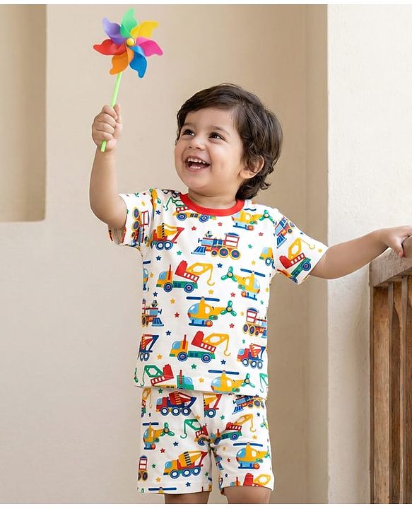 Babyhug Cotton Knit Half Sleeves Co-ords Shorts Night Suit With Vehicle Print - White