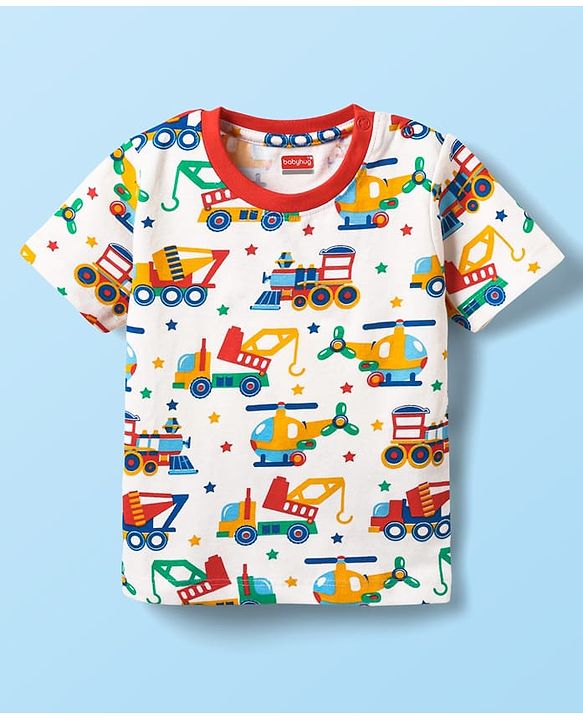 Babyhug Cotton Knit Half Sleeves Co-ords Shorts Night Suit With Vehicle Print - White